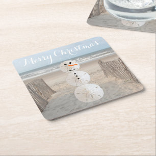Sand Dollar Snowman Square Paper Coaster