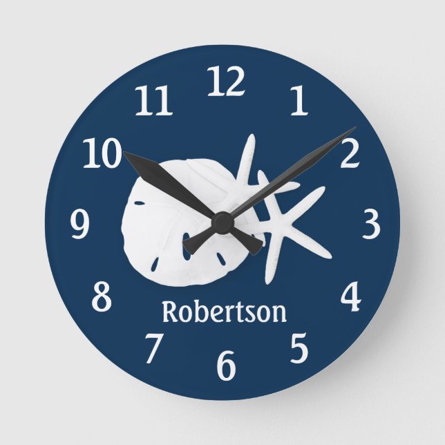 Sand Dollar Starfish Coastal Navy Blue Personalise Round Clock (Front)