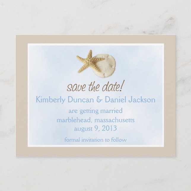 Sand Dollar & Starfish Save the Date Announcement Postcard (Front)