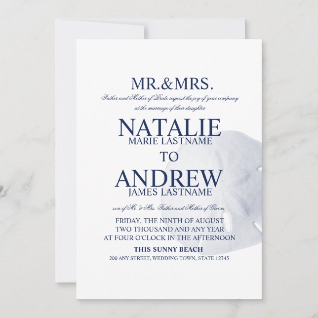 Sand Dollar Wedding Navy Blue Invitation (Front)