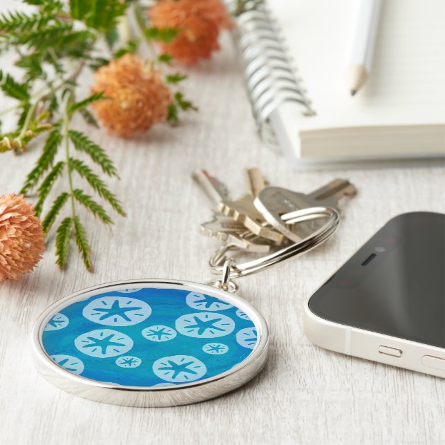 Sand Dollar White and Blue Pattern Key Ring (Side)