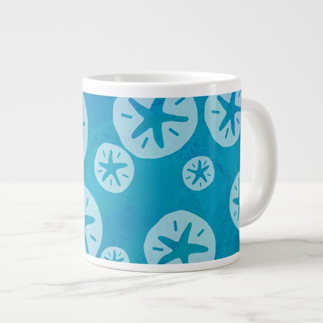 Sand Dollar White and Blue Pattern Large Coffee Mug (Front Right)