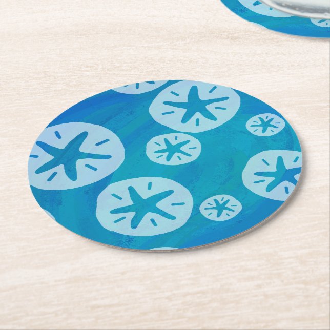 Sand Dollar White and Blue Pattern Round Paper Coaster (Angled)
