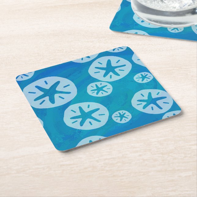 Sand Dollar White and Blue Pattern Square Paper Coaster (Angled)