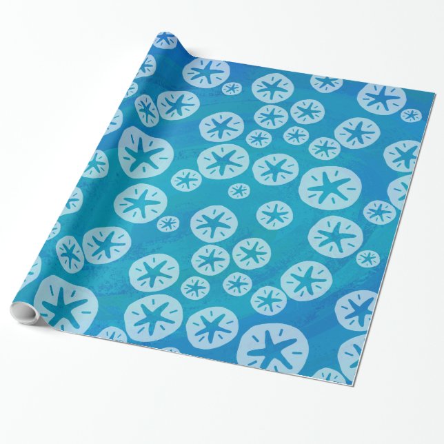 Sand Dollar White and Blue Pattern Wrapping Paper (Unrolled)