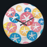 Sand Dollar Yellow Red Blue Pattern Large Clock<br><div class="desc">Trendy Sand Dollar Seamless Pattern in Yellow,  Red,  and Blue features our original design of various size and colours of overlapping sand dollars in a flat graphic style with our signature texture on a textured white background.</div>