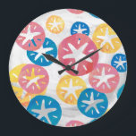 Sand Dollar Yellow Red Blue Pattern Large Clock<br><div class="desc">Trendy Sand Dollar Seamless Pattern in Yellow,  Red,  and Blue features our original design of various size and colours of overlapping sand dollars in a flat graphic style with our signature texture on a textured white background.</div>