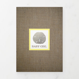 Sand Dollars & Burlap, 3 Photo Collage Baby Birth Tri-Fold Announcement
