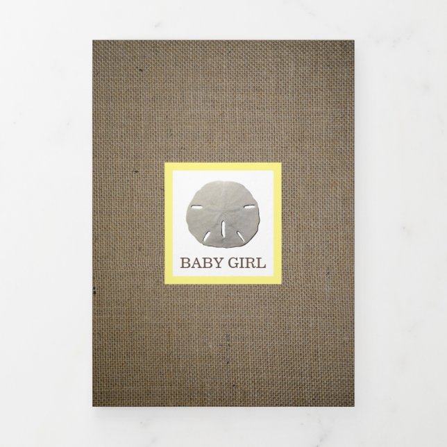 Sand Dollars & Burlap, 3 Photo Collage Baby Birth Tri-Fold Announcement (Cover)