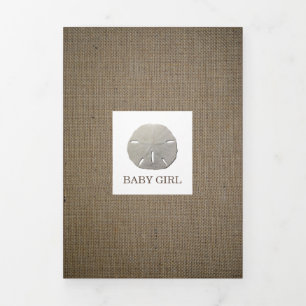 Sand Dollars & Burlap, 5 Photo Collage Baby Birth Tri-Fold Announcement