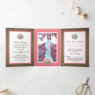 Sand Dollars & Burlap, Beach Baby Shower Suite Tri-Fold Invitation