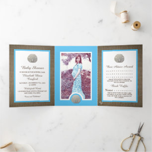 Sand Dollars & Burlap, Beach Baby Shower Suite Tri-Fold Invitation