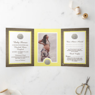 Sand Dollars & Burlap, Beach Baby Shower Suite Tri-Fold Invitation