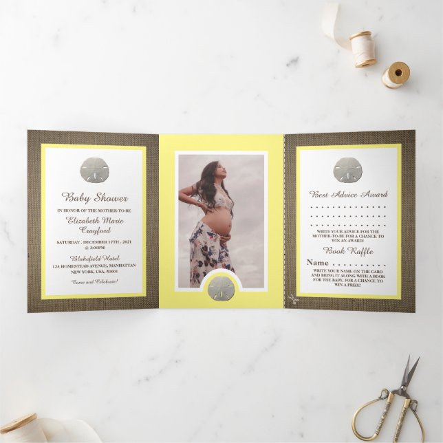 Sand Dollars & Burlap, Beach Baby Shower Suite Tri-Fold Invitation (Inside)