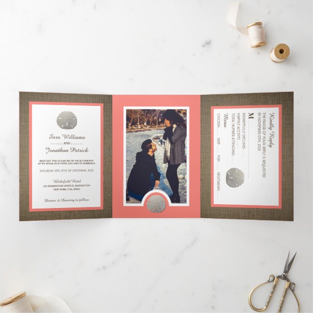 Sand Dollars & Burlap, Coral Beach Wedding Suite Tri-Fold Invitation (Inside)