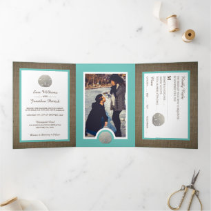 Sand Dollars & Burlap, Teal Beach Wedding Suite Tri-Fold Invitation