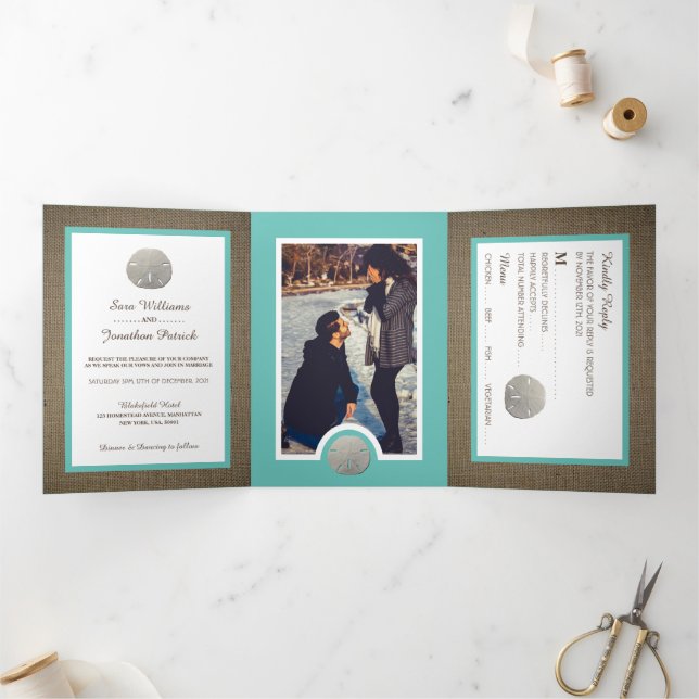 Sand Dollars & Burlap, Teal Beach Wedding Suite Tri-Fold Invitation (Inside)