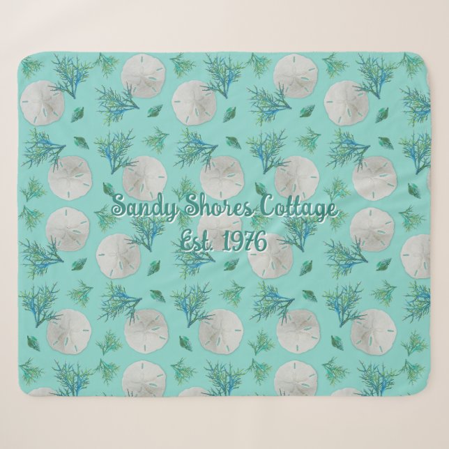 Sand Dollars Pattern Turquoise Coastal Home Sherpa Blanket (Front (Horizontal))