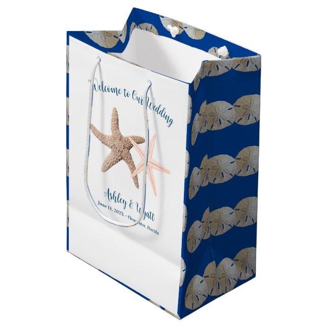 Sand Dollars Starfish Wedding Welcome Paper Bags (Front Angled)