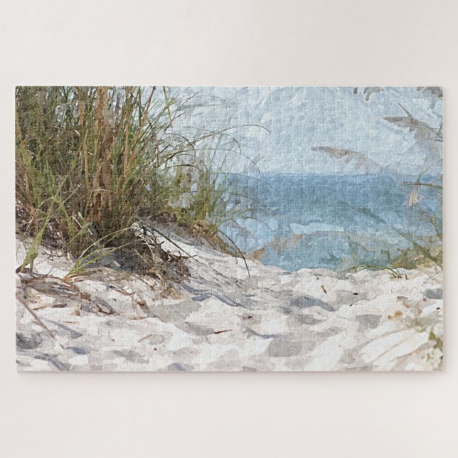 Sand Dunes Beach Ocean Watercolor Art Painting Jigsaw Puzzle (Horizontal)