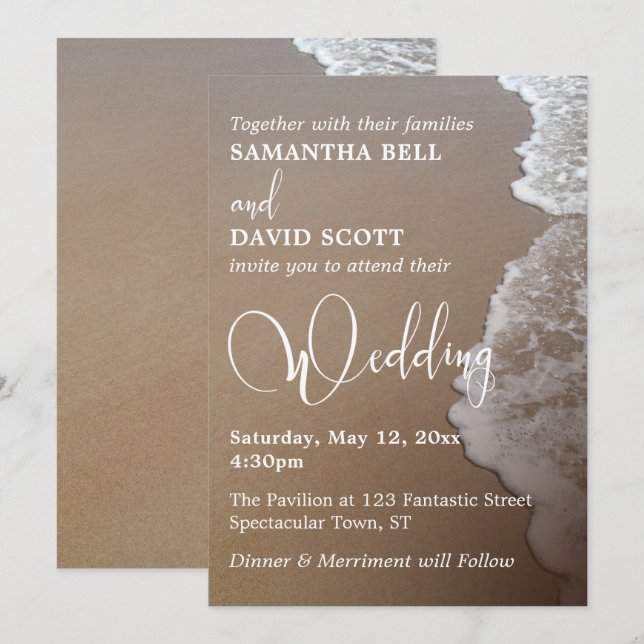 Sand & Foam Beach Photo & Typography Wedding 2 Invitation (Front/Back)