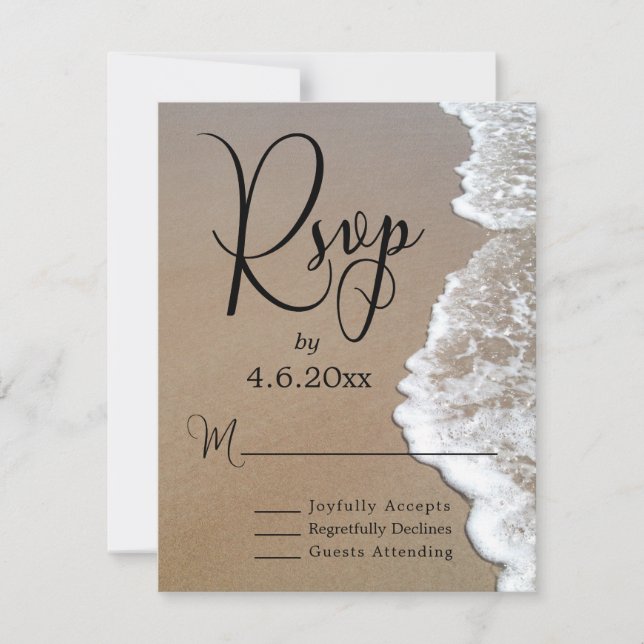 Sand & Foam Beach Photo & Typography Wedding RSVP Card (Front)