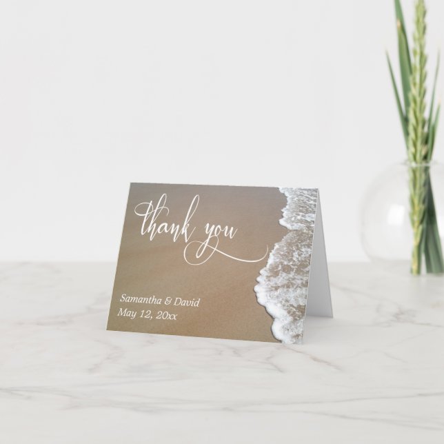 Sand & Foam Beach Wedding Typography Thank You 2 Card (Front)