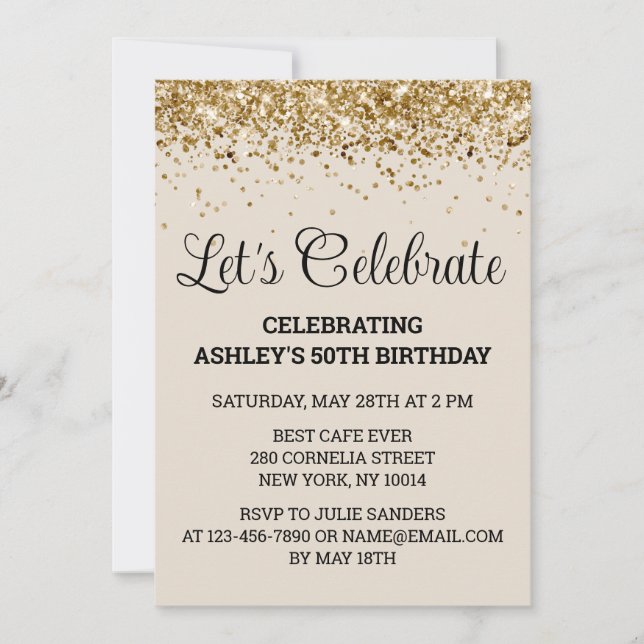 Sand & Gold Glitter 50th Birthday Let's Celebrate Invitation (Front)
