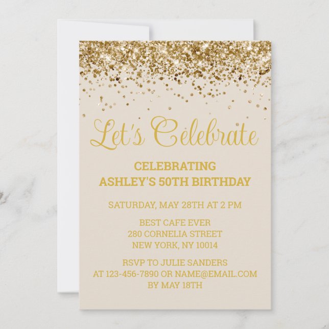 Sand & Gold Glitter 50th Birthday Let's Celebrate Invitation (Front)