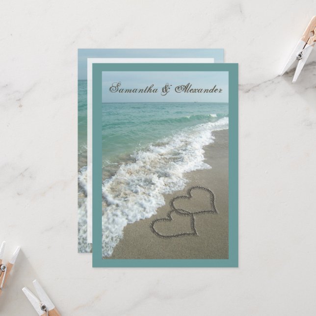 Sand Hearts~ Beach Destination Wedding Invitation (Front/Back In Situ)