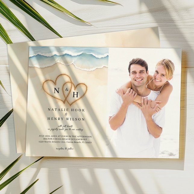 Sand Hearts Beach Wedding Photo Invitation Beige (Photo Beach Wedding Invite)