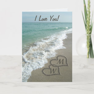 Sand Hearts on Beach Personalised Anniversary Card