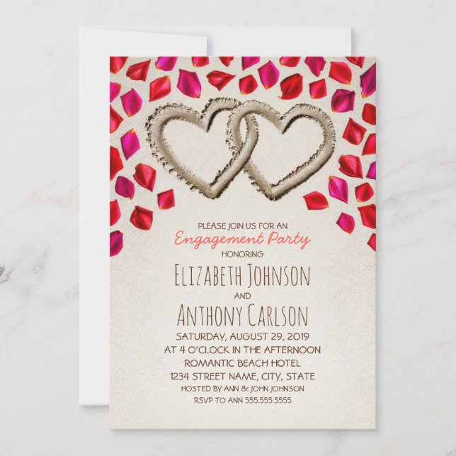 Sand Hearts Rose Petal Beach Engagement Party Invitation (Front)