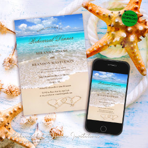 Sand Hearts Tropical Ocean Beach Rehearsal Dinner Invitation