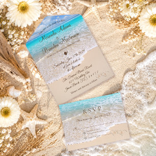 Sand Hearts Tropical Ocean Beach Wedding All In One Invitation