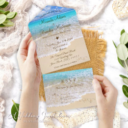 Sand Hearts Tropical Ocean Beach Wedding All In One Invitation