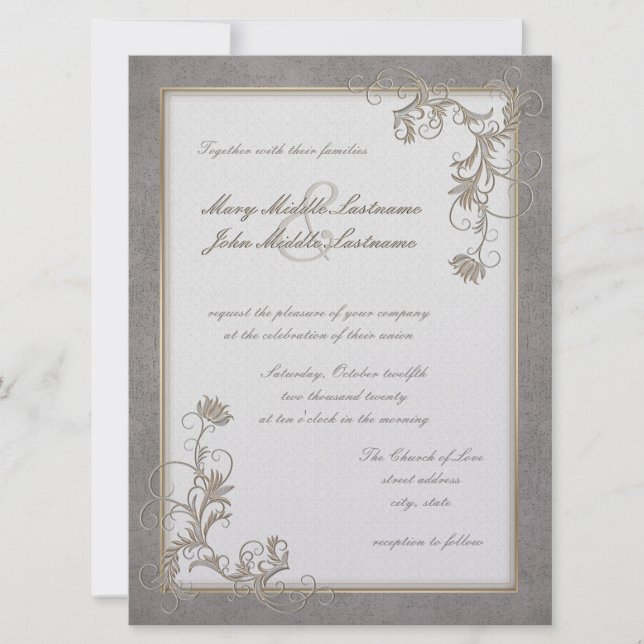 SAND Metallic Effect Floral Border Changeable BG Invitation (Front)