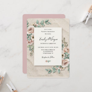 Sand Off-White Sage Green Floral Wedding Invitation