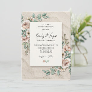 Sand Off-White Sage Green Floral Wedding Invitation