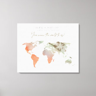 Sand/Orange Watercolor World Map Canvas Guest Book