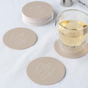 Sand   Oversized Script Monogram Wedding Round Paper Coaster
