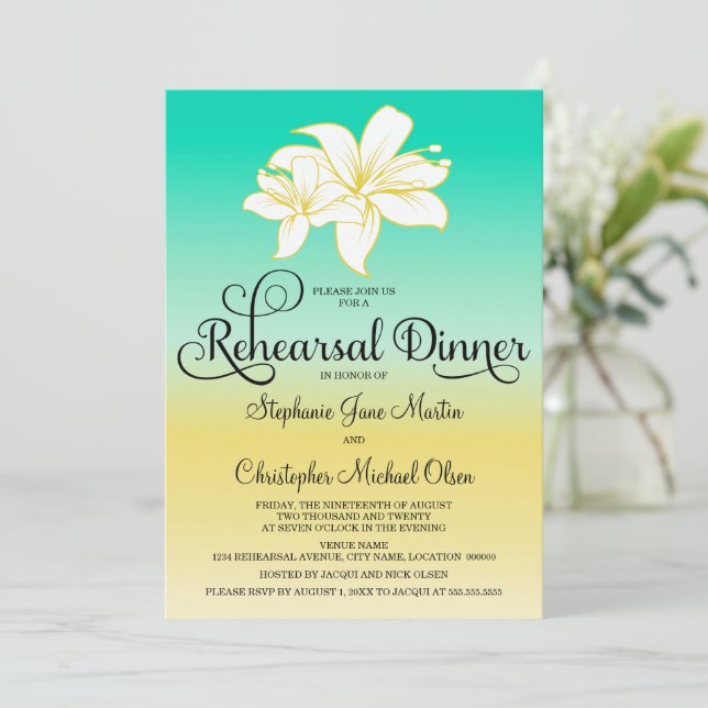 Sand & Sea Hibiscus Colour Ombre Rehearsal Dinner Invitation (Standing Front)