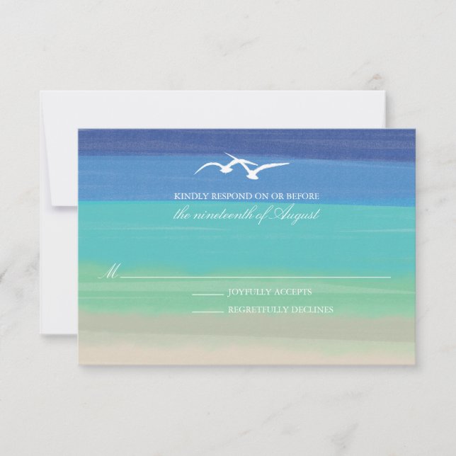 Sand, Sea & Seagulls | Painted Ocean Wedding RSVP Card (Front)