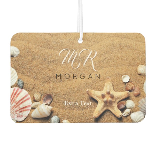 Sand & Sea Shells, DIY Name & Monogram, Extra Text Car Air Freshener (Front)