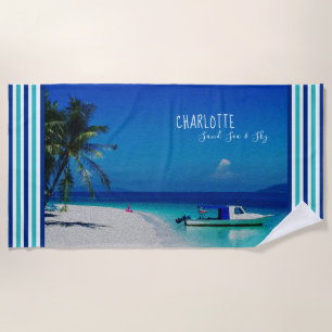 Sand Sea Sky Palm Tree Tropical Beach Personalised Beach Towel