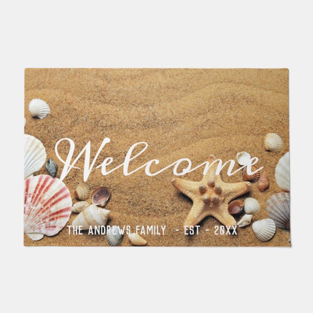 Sand Seashells Ocean Calligraphy Welcome Doormat (Front)