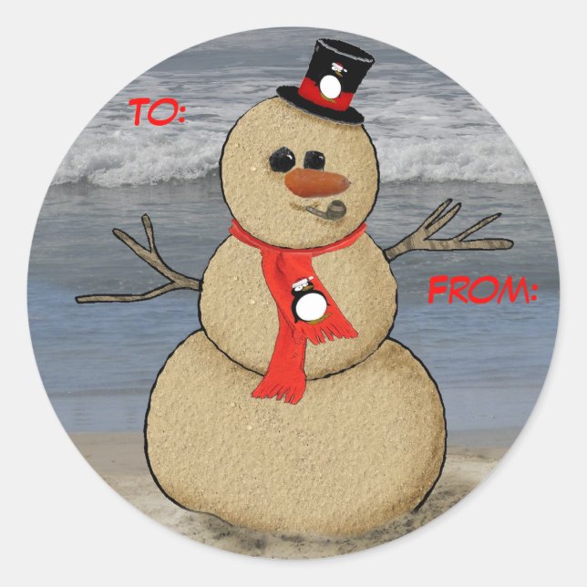 Sand Snowman gift label, To:, From: Classic Round Sticker (Front)