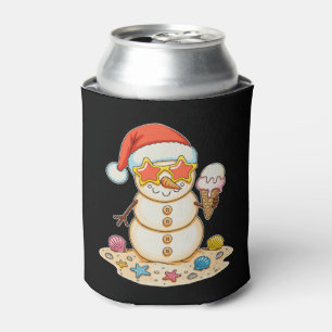 Sand Snowman Santa Hat Christmas Beach Vibes Xmas Can Cooler