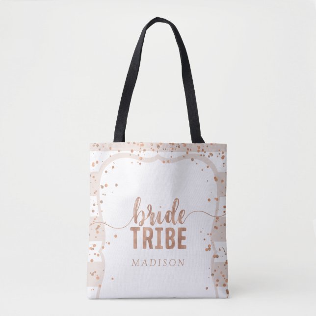 Sand Stripes & Rose Gold Confetti Bride Tribe Tote Bag (Front)