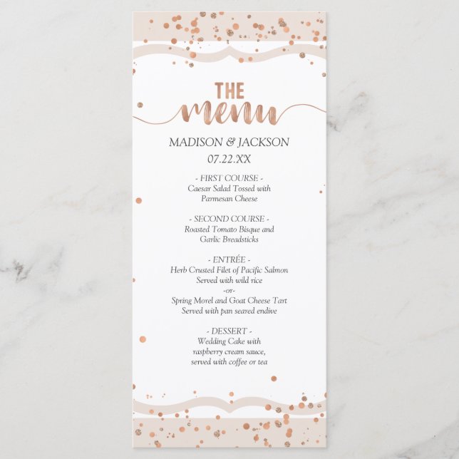 Sand Stripes & Rose Gold Confetti Wedding Menu (Front)